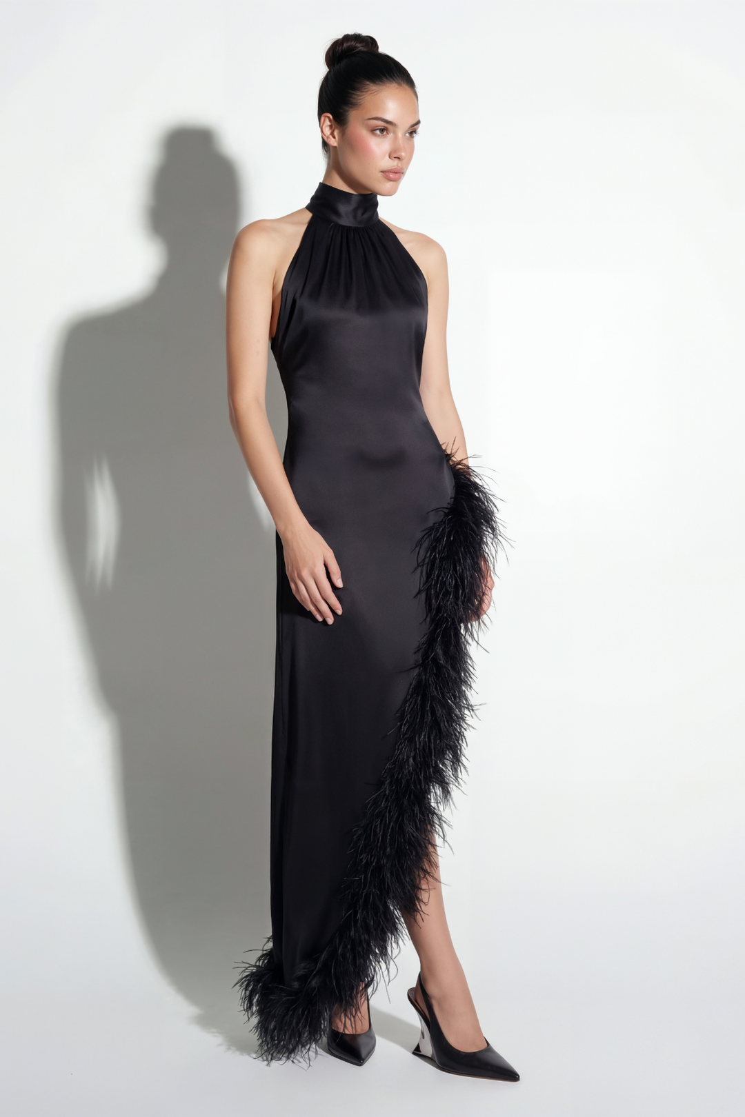 Silk Ostrich-Feather Slit Dress