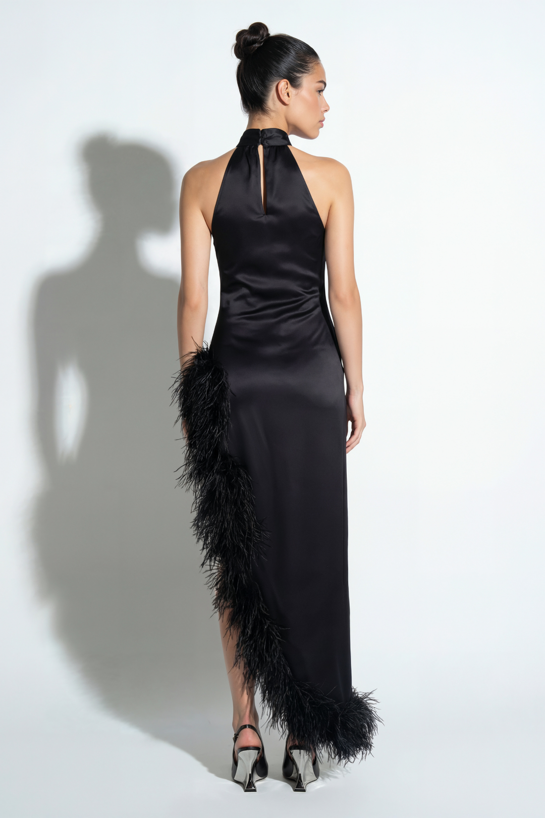 Silk Ostrich-Feather Slit Dress