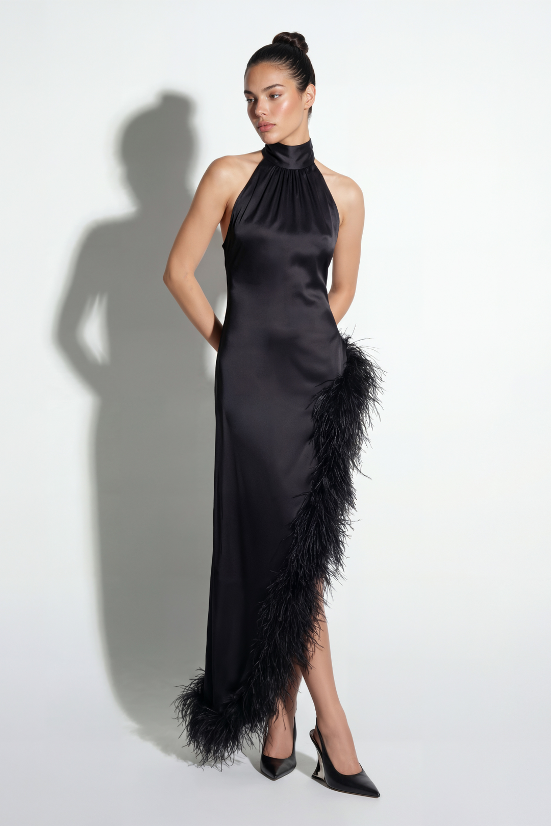 Silk Ostrich-Feather Slit Dress