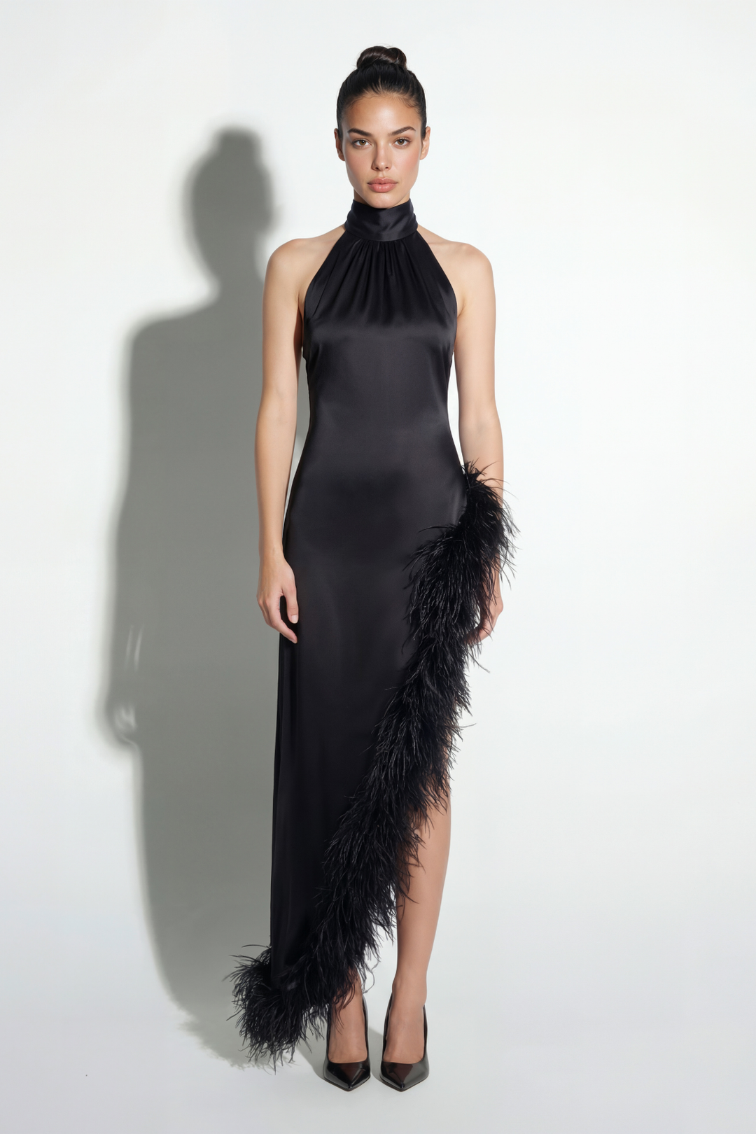 Silk Ostrich-Feather Slit Dress