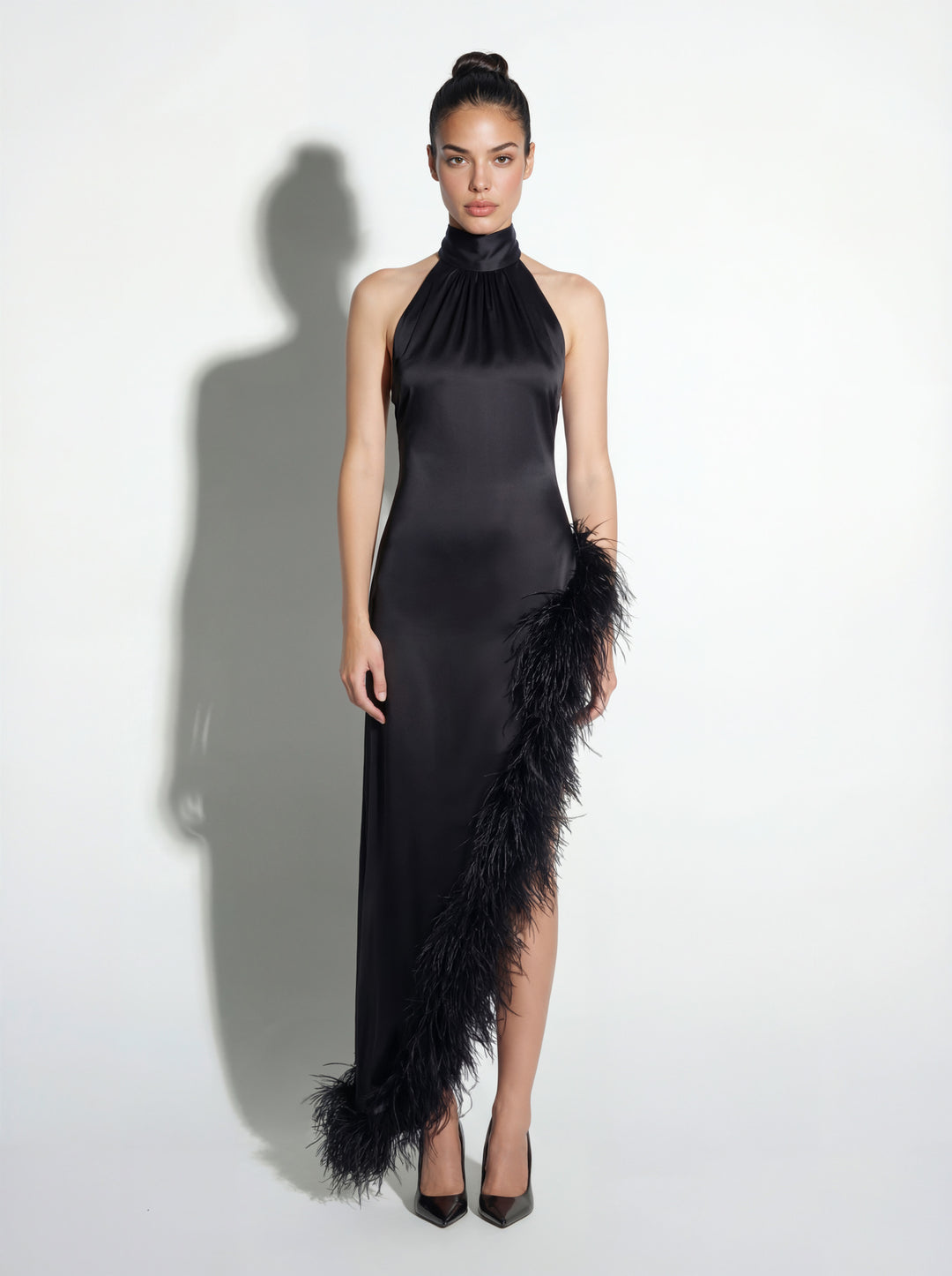 Silk Ostrich-Feather Slit Dress