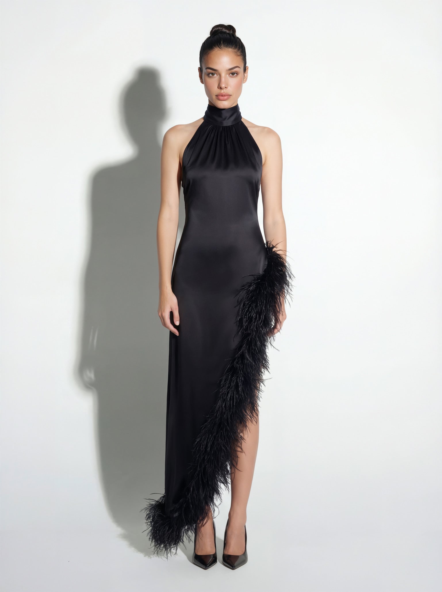 Silk Ostrich-Feather Slit Dress