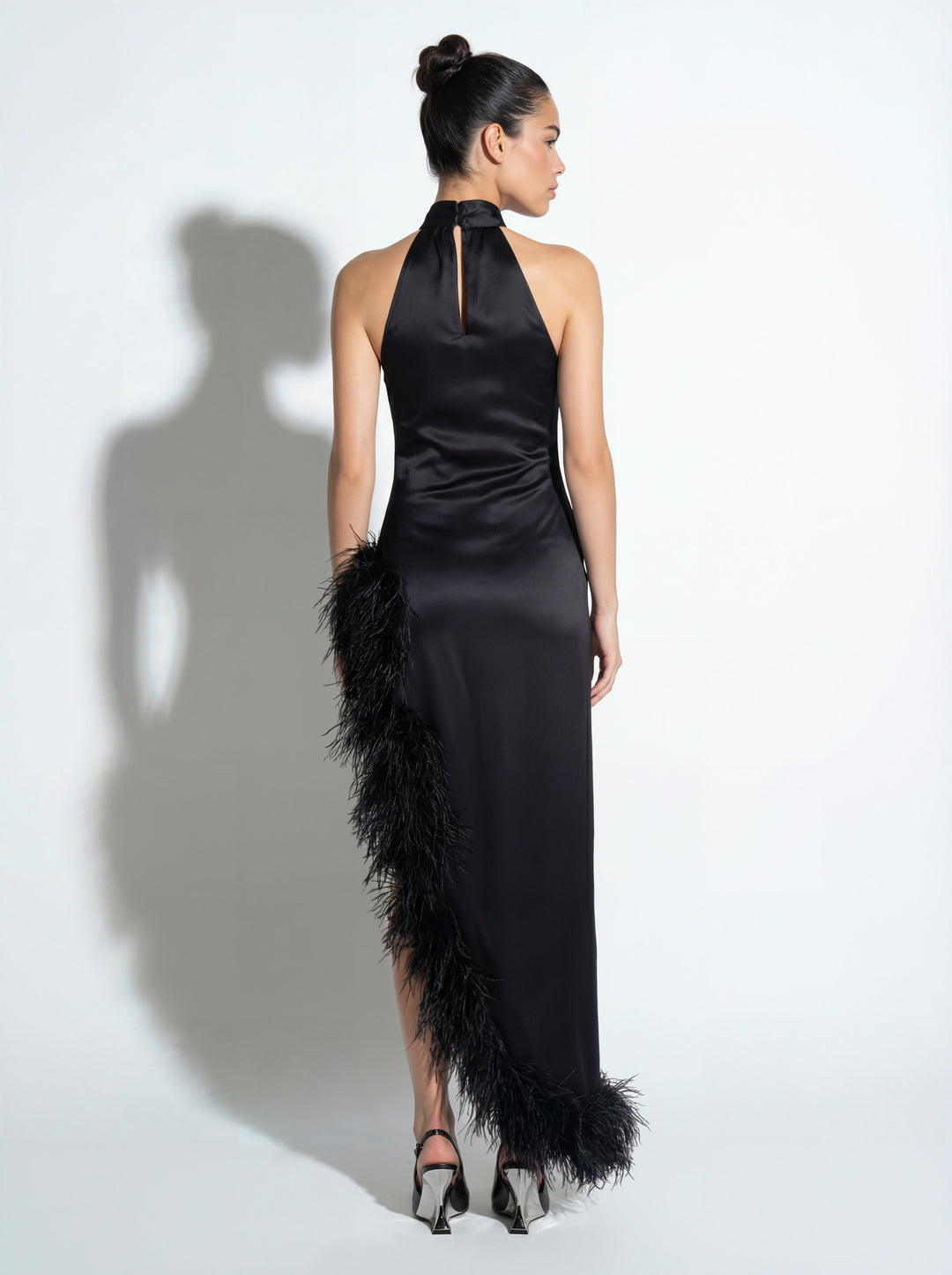 Silk Ostrich-Feather Slit Dress