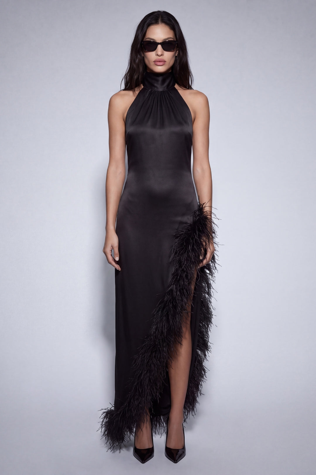 Black Silk Ostrich-Feather Dress Halterneck