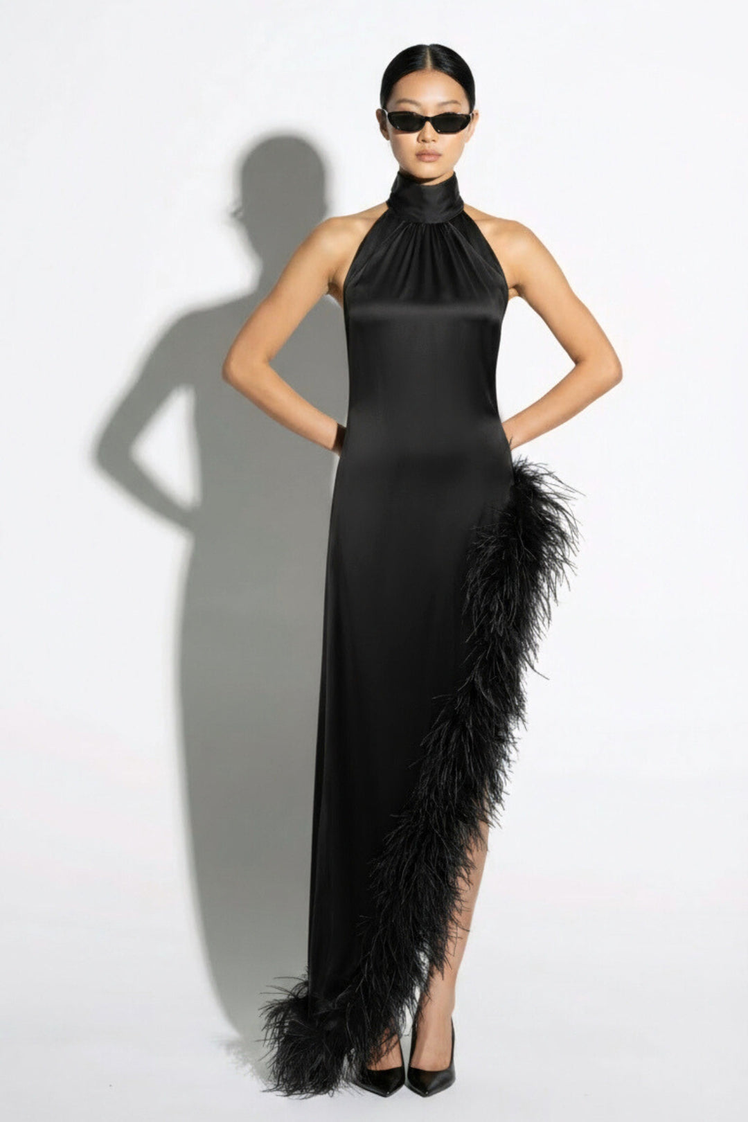 Silk Ostrich-Feather Slit Dress
