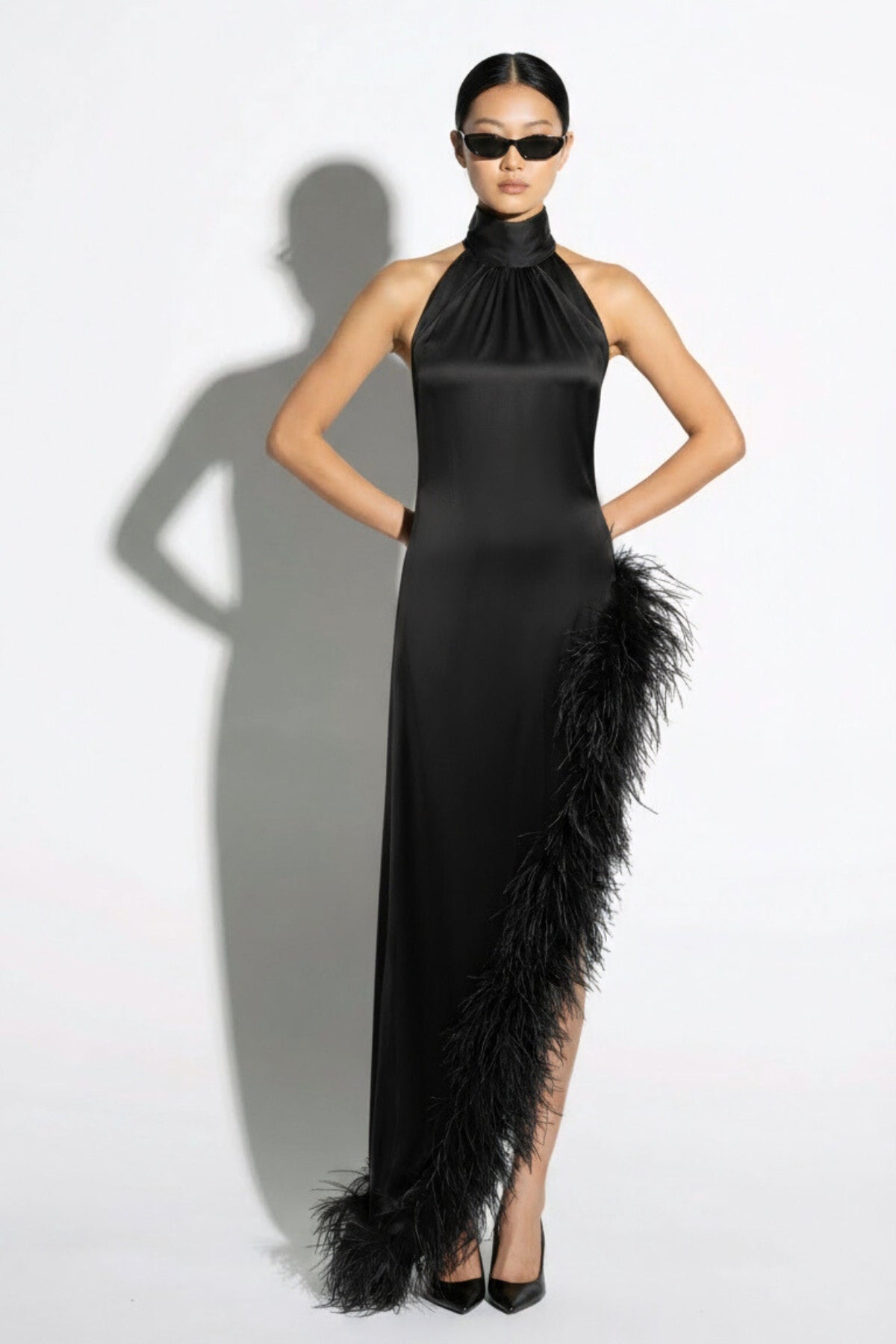 Silk Ostrich-Feather Slit Dress