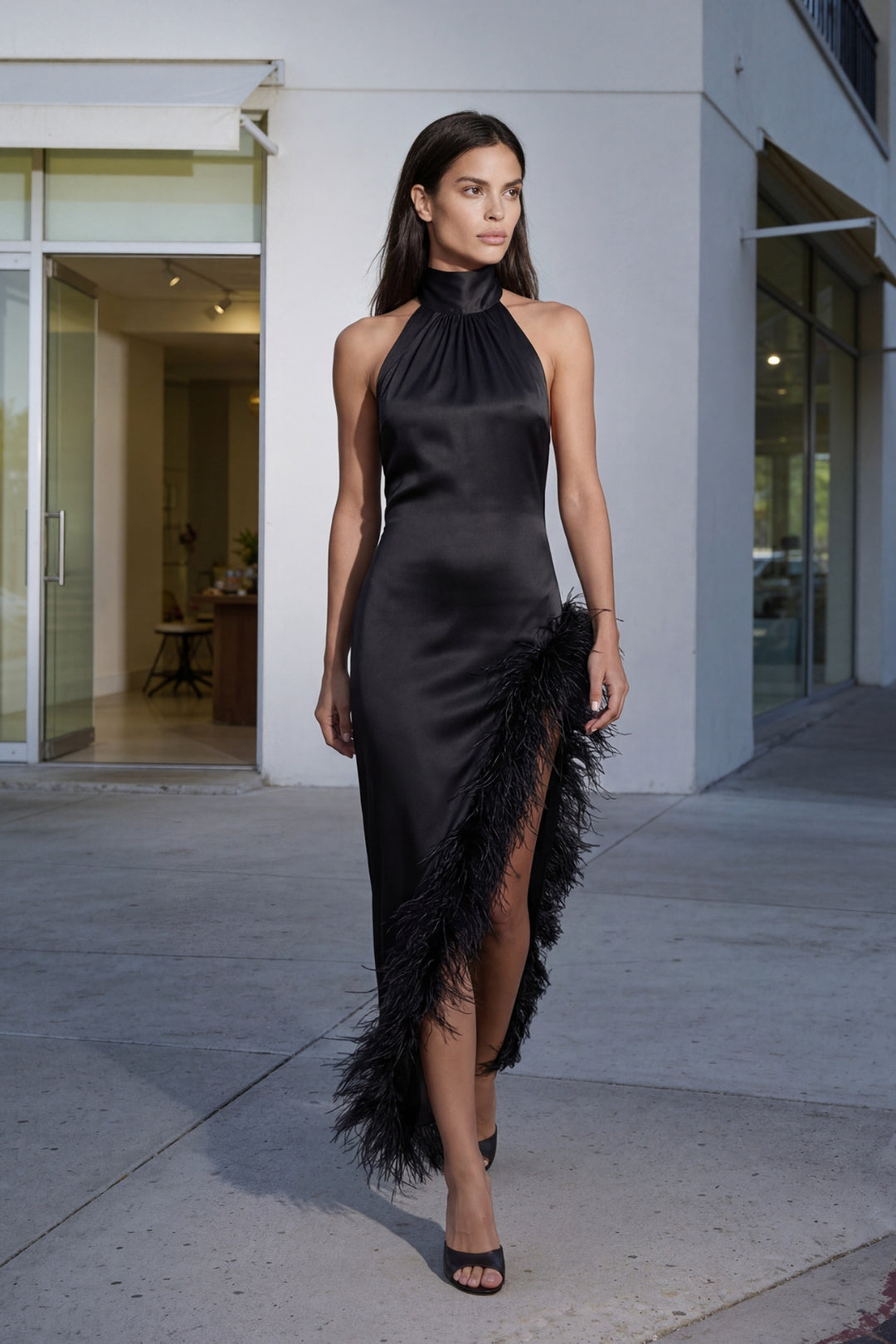 Silk Ostrich-Feather Dress Halterneck