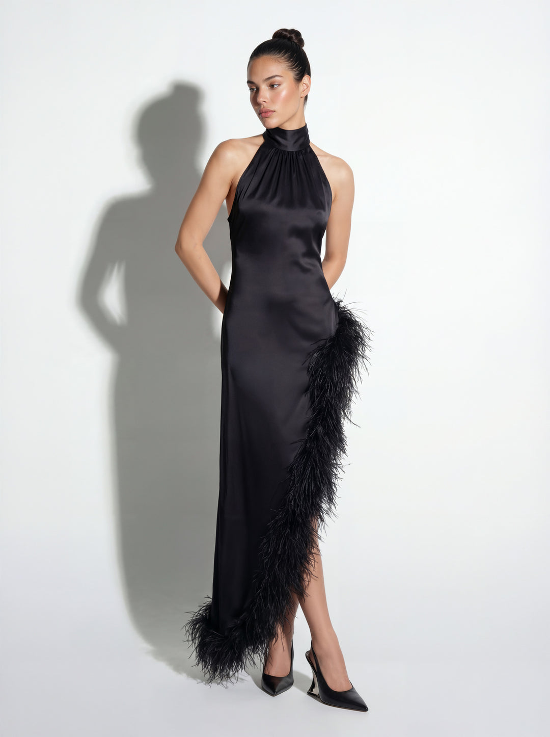 Silk Ostrich-Feather Slit Dress