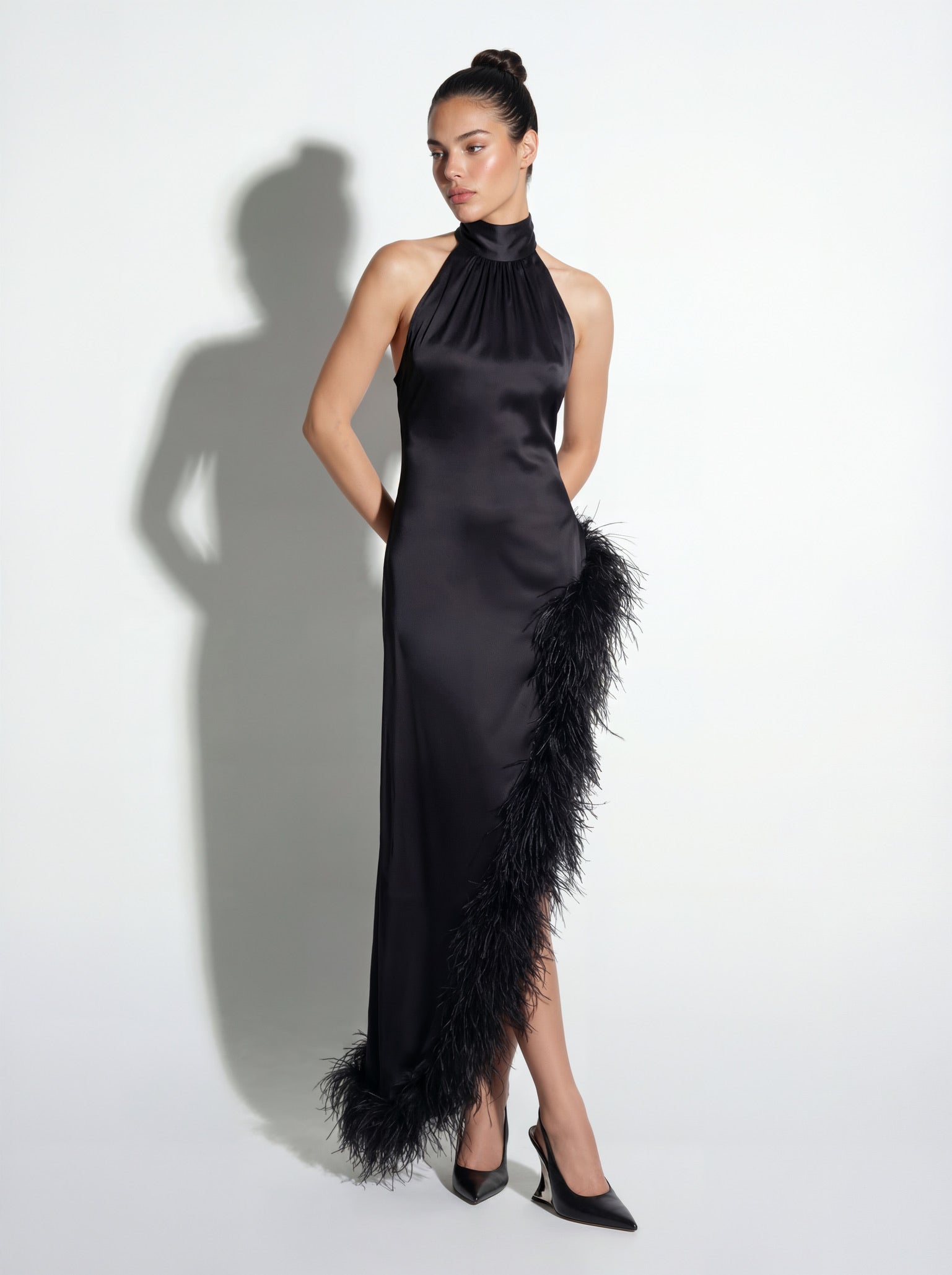 Silk Ostrich-Feather Slit Dress