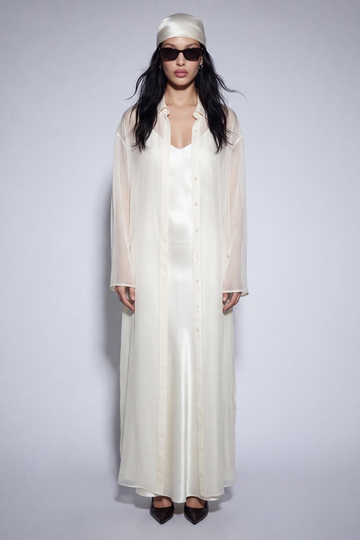 Ivory Silk Slip Dress & Chiffon Blouse Set Maxi
