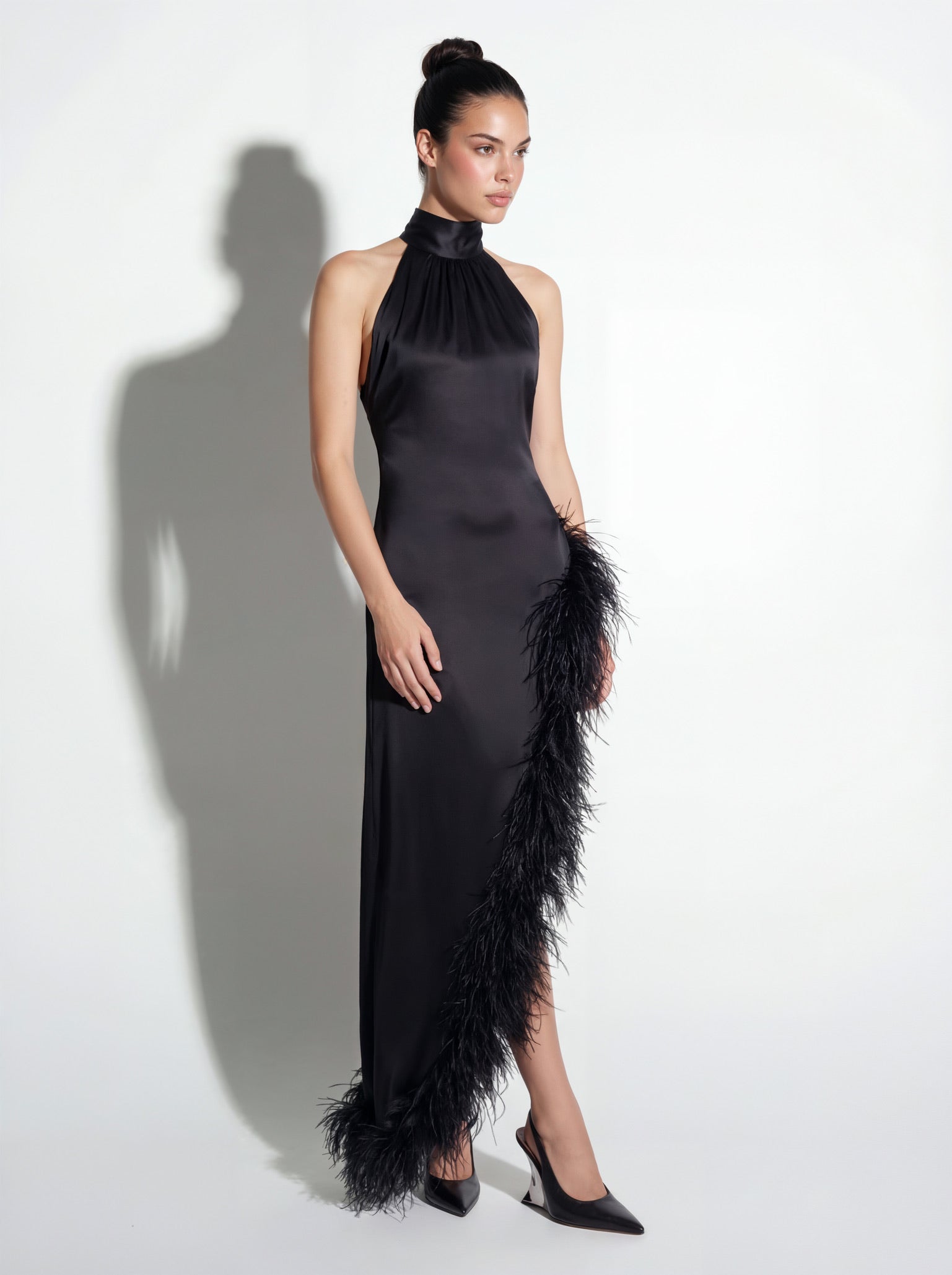 Silk Ostrich-Feather Slit Dress