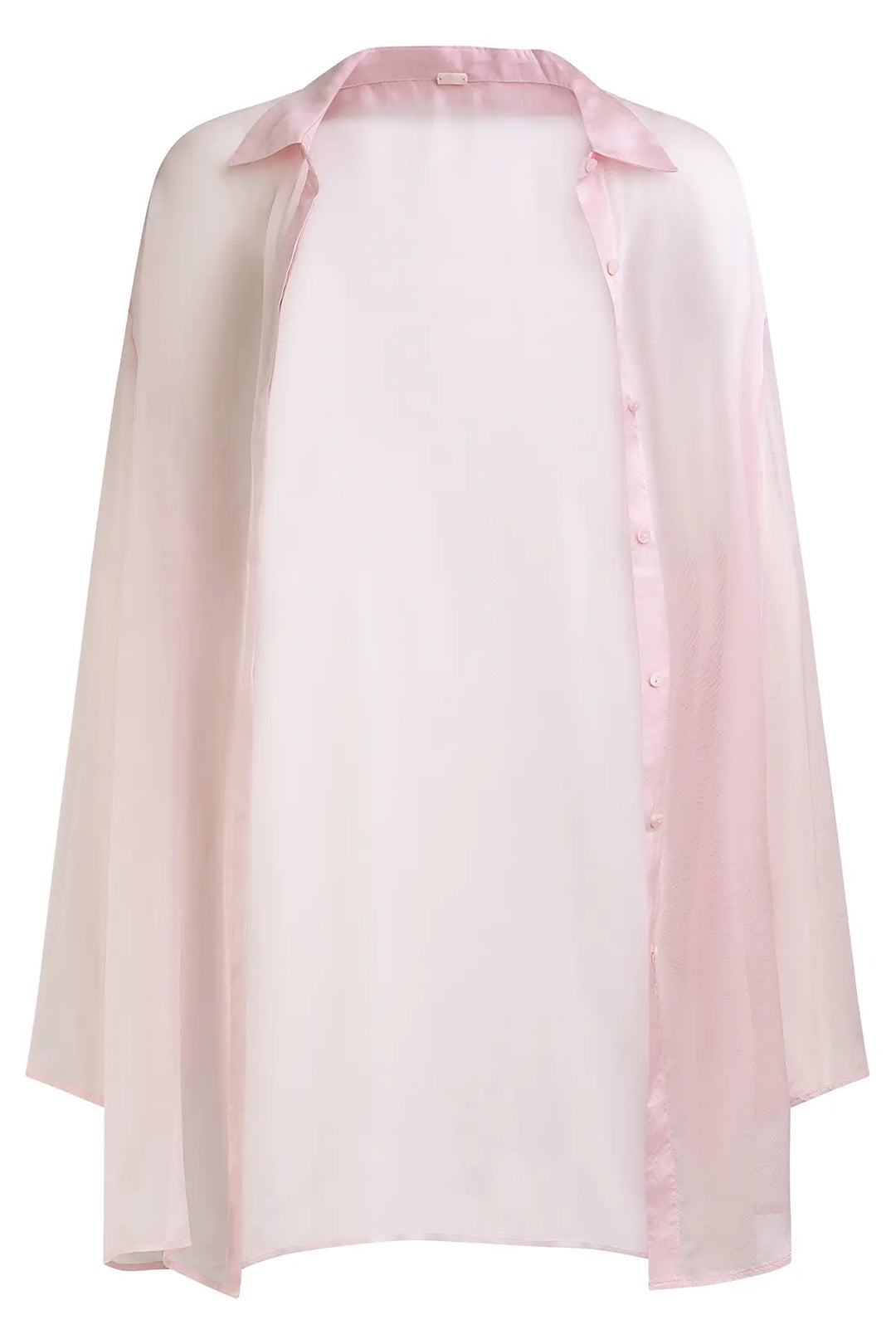 YAEL Short Sakura Silk Chiffon Blouse – Front view of the sheer, luxurious short silk chiffon blouse in soft sakura pink with a slightly oversized fit and mother-of-pearl buttons.