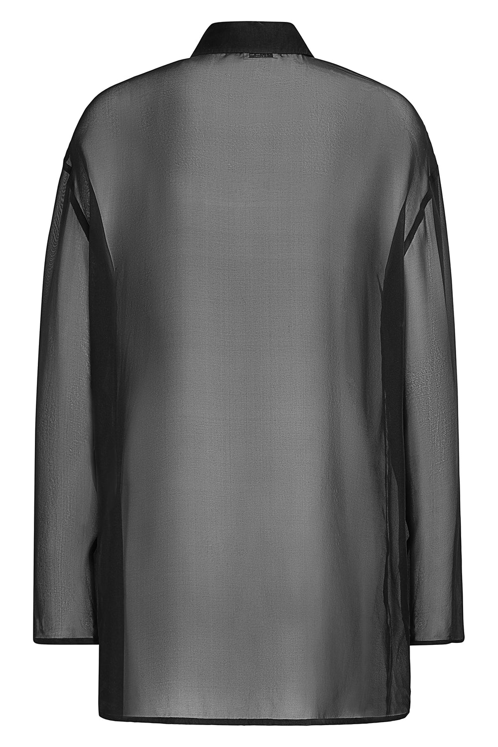 YAEL Black Silk Blouse – Back view showcasing the lightweight silk fabric and softly draped silhouette.