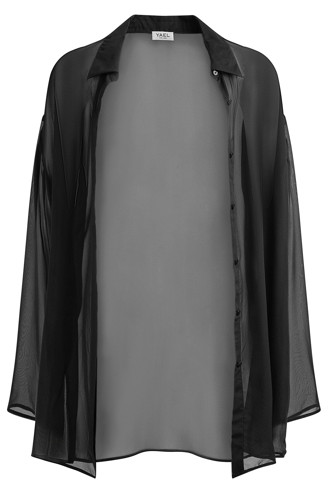 YAEL Black Silk Blouse – Front view of the sheer silk chiffon blouse in black, featuring a slightly oversized fit and hidden button placket.