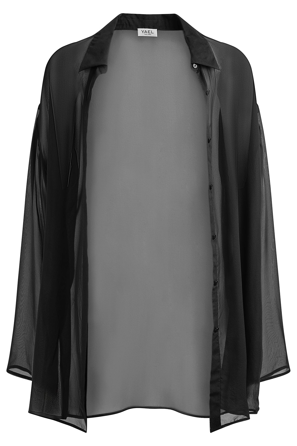 YAEL Black Silk Blouse – Front view of the sheer silk chiffon blouse in black, featuring a slightly oversized fit and hidden button placket.