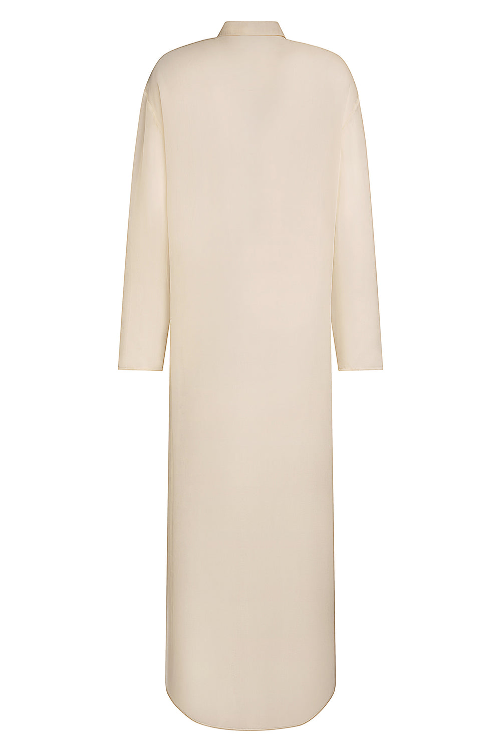 YAEL Silk Chiffon Blouse Long in Ivory –  Rear view of a luxurious, sheer silk blouse with a slightly oversized fit and mother-of-pearl buttons.