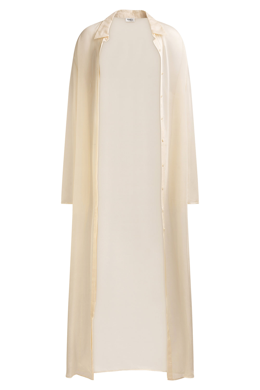 YAEL Silk Chiffon Blouse Long in Ivory –  Frontal view of a luxurious, sheer silk blouse with a slightly oversized fit and mother-of-pearl buttons.