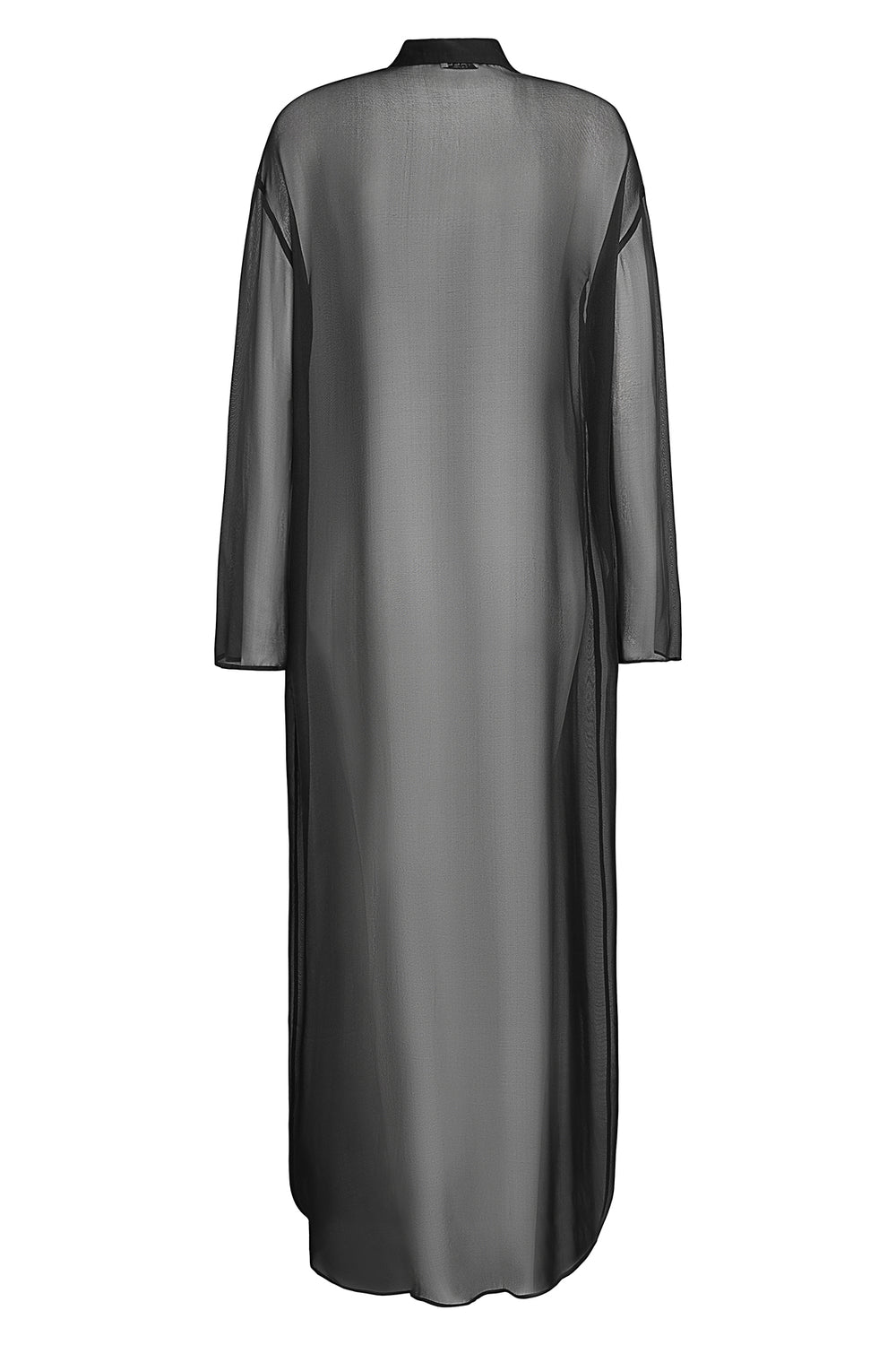 YAEL Silk Chiffon Blouse Long in Black – Rear view of the luxurious, sheer silk blouse with a slightly oversized fit and mother-of-pearl buttons.