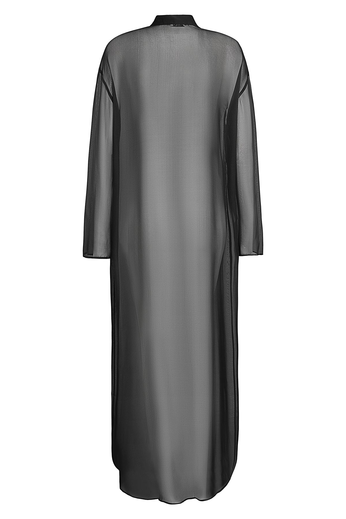 YAEL Silk Chiffon Blouse Long in Black – Rear view of the luxurious, sheer silk blouse with a slightly oversized fit and mother-of-pearl buttons.