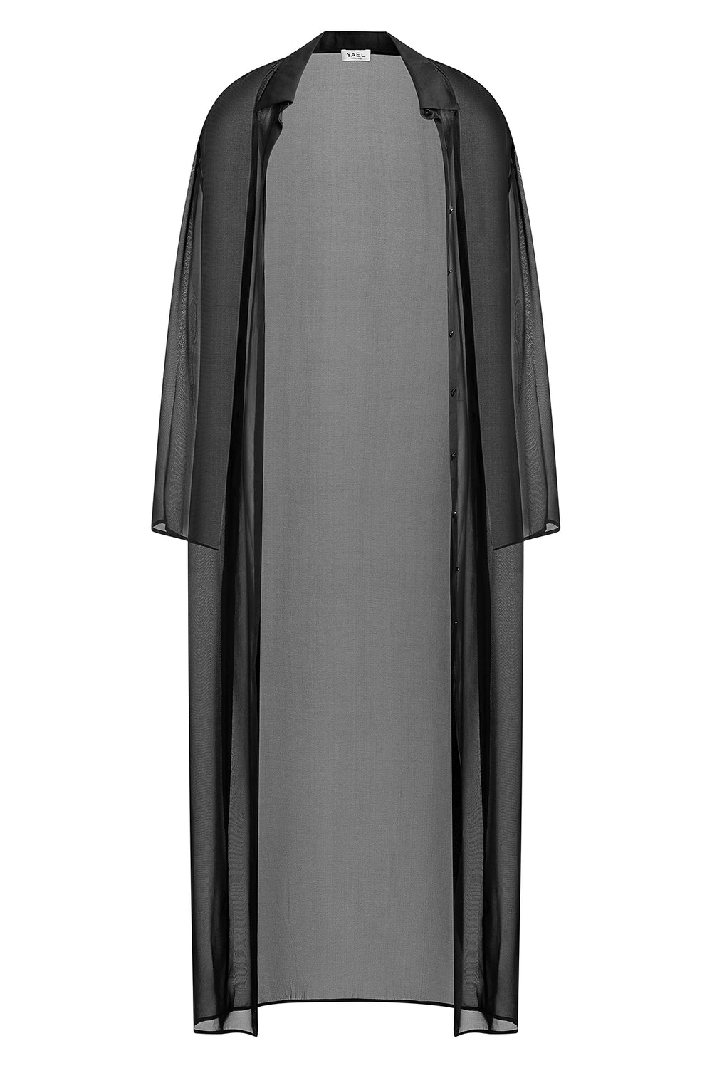 YAEL Silk Chiffon Blouse Long in Black – Front view of the luxurious, sheer silk blouse with a slightly oversized fit and mother-of-pearl buttons.