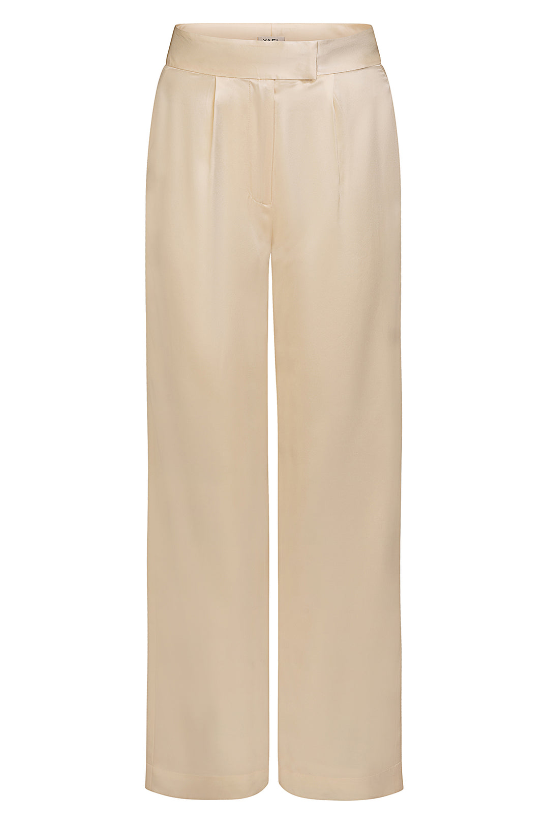 Front view of high-waisted ivory silk pants with a flattering tailored fit for women with front pleat and zip fly, crafted from 100% silk with full viscose-silk lining.