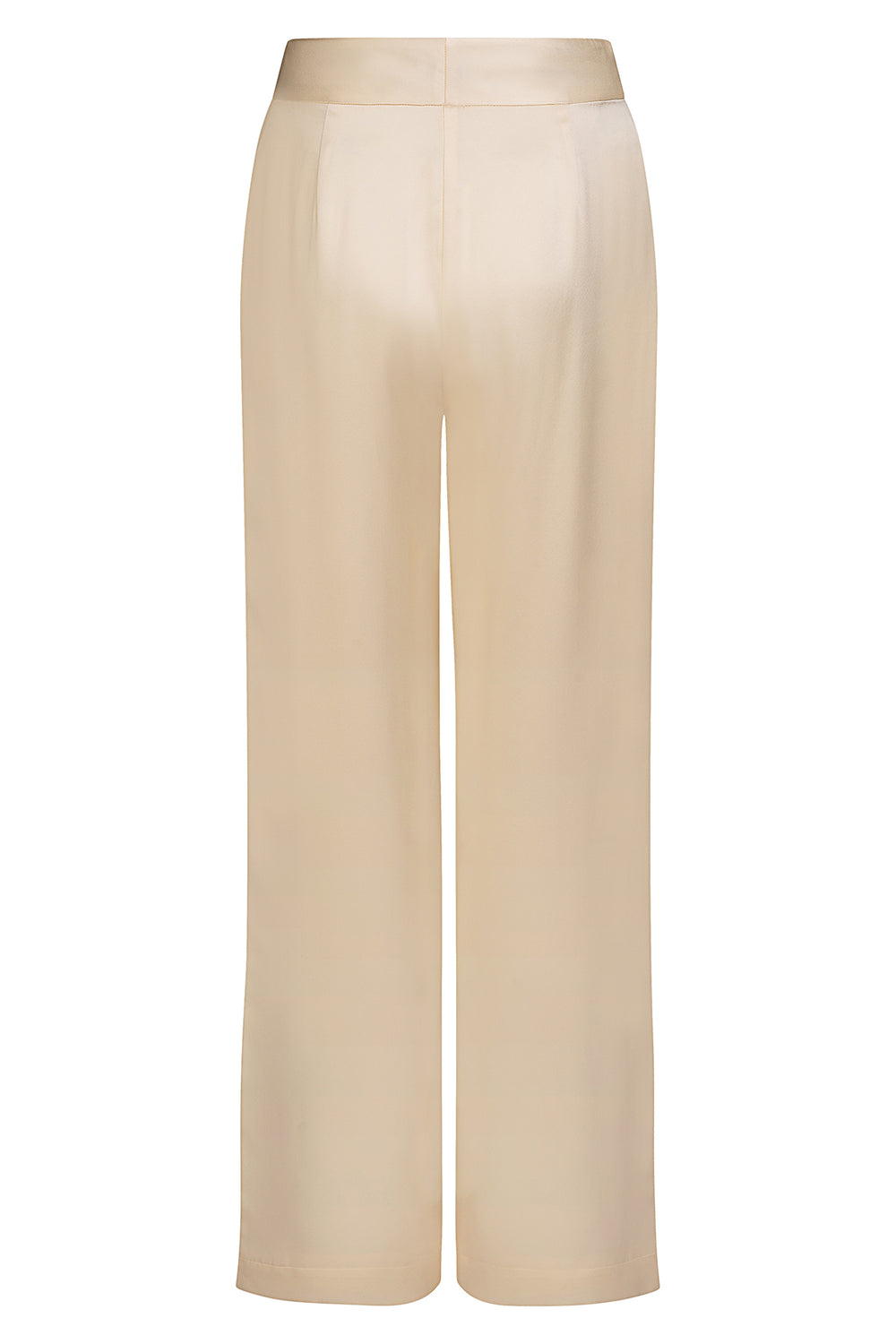 Back view of high-waisted ivory silk pants with a flattering tailored fit for women, crafted from 100% silk with full viscose-silk lining.