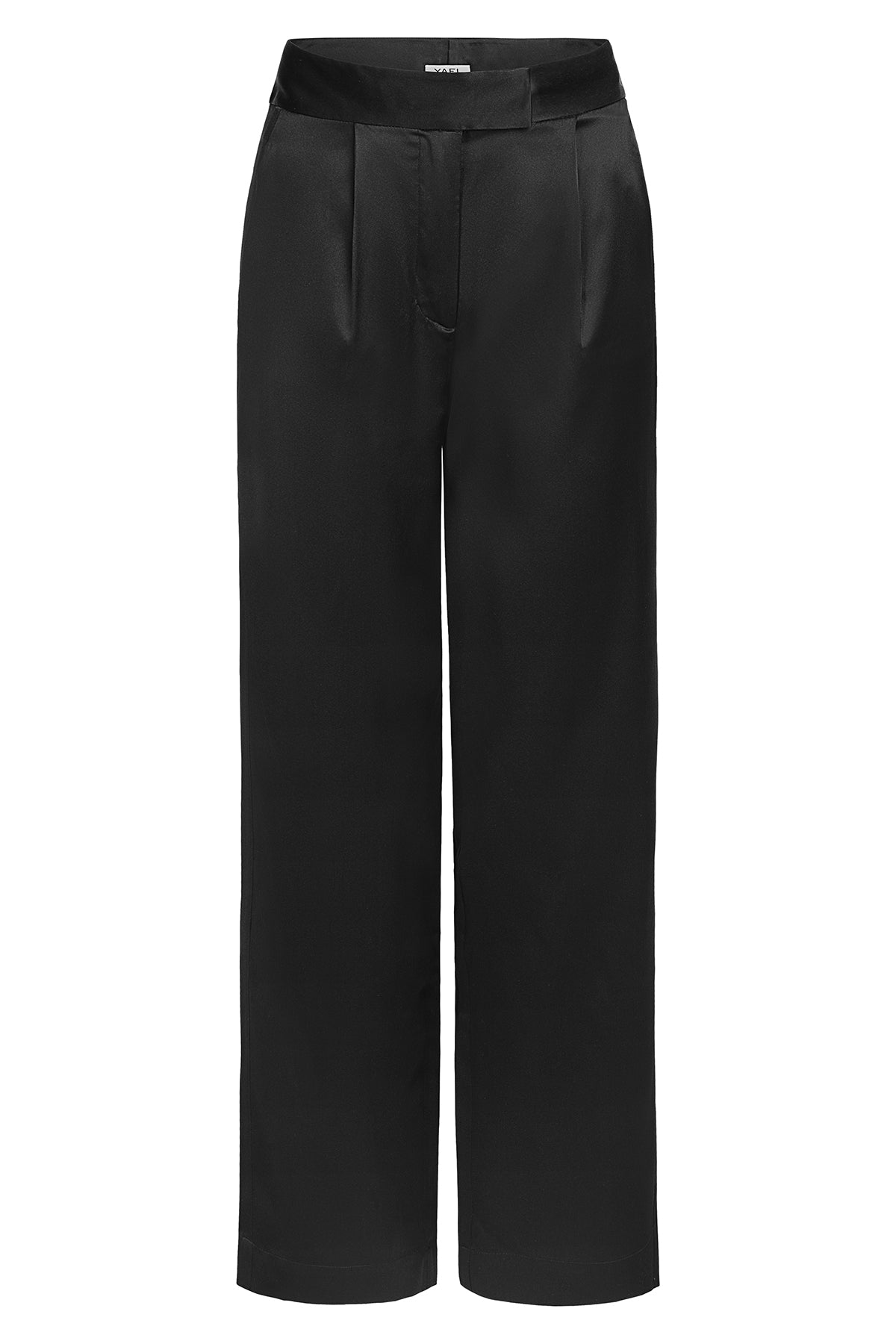 Front view of high-waisted black silk pants by YAEL for women with front pleat, pockets and zip fly, crafted from 100% silk.
