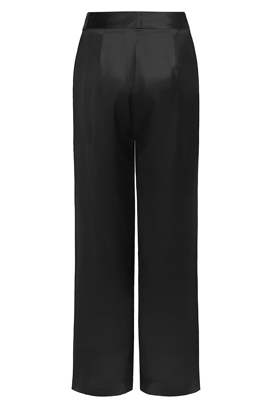 Back view of elegant black silk trousers by YAEL with flattering tailored fit, pockets, and hook-and-button closure – a timeless wardrobe essential.

