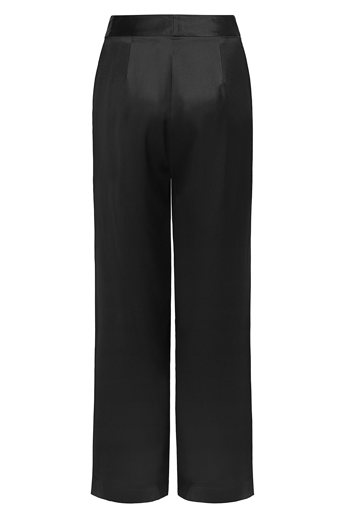 Back view of elegant black silk trousers by YAEL with flattering tailored fit, pockets, and hook-and-button closure – a timeless wardrobe essential.

