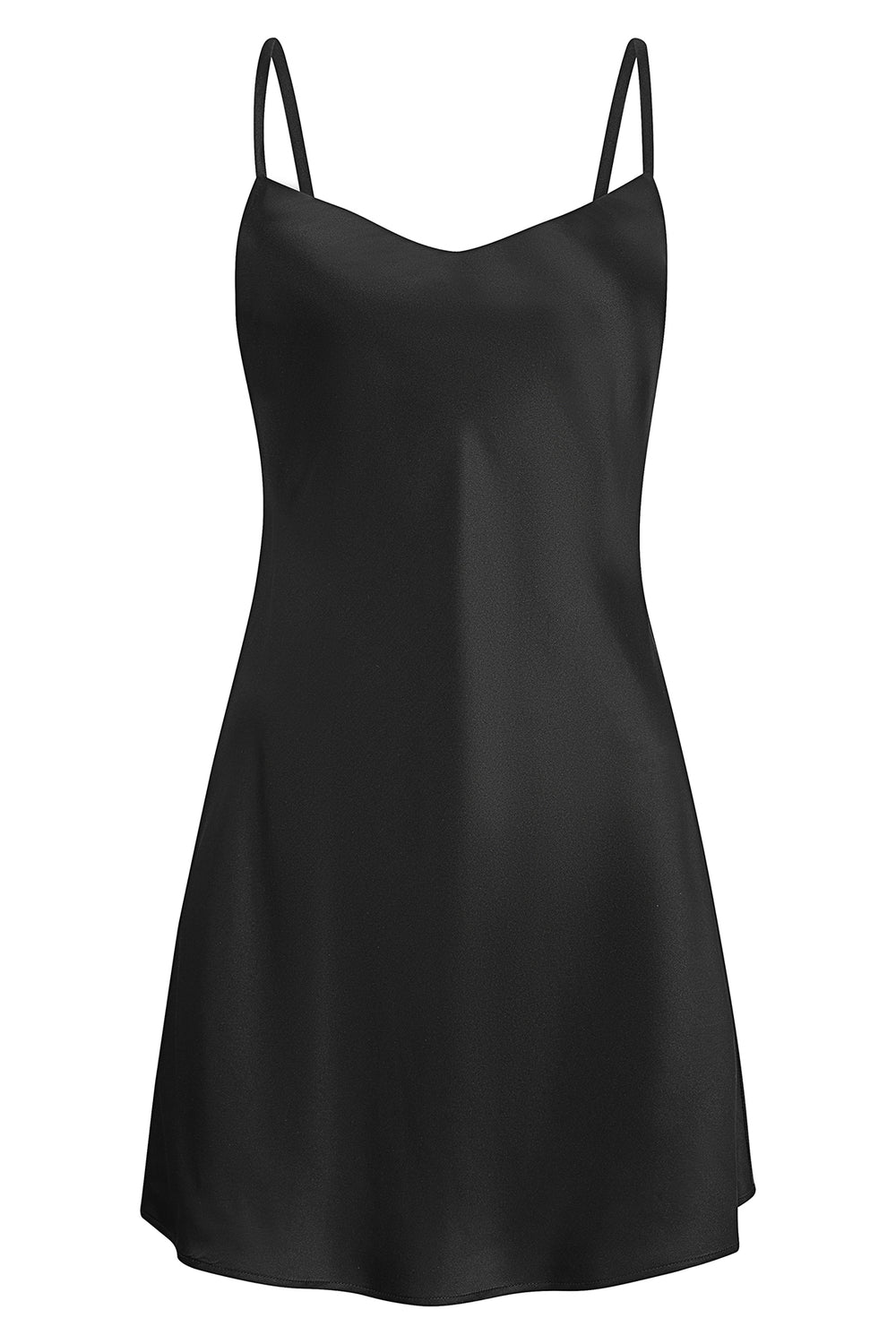 YAEL Black Short Silk Slip Dress – Front view of the minimalist black mini slip dress in 100% silk, featuring a timeless silhouette and clean neckline.