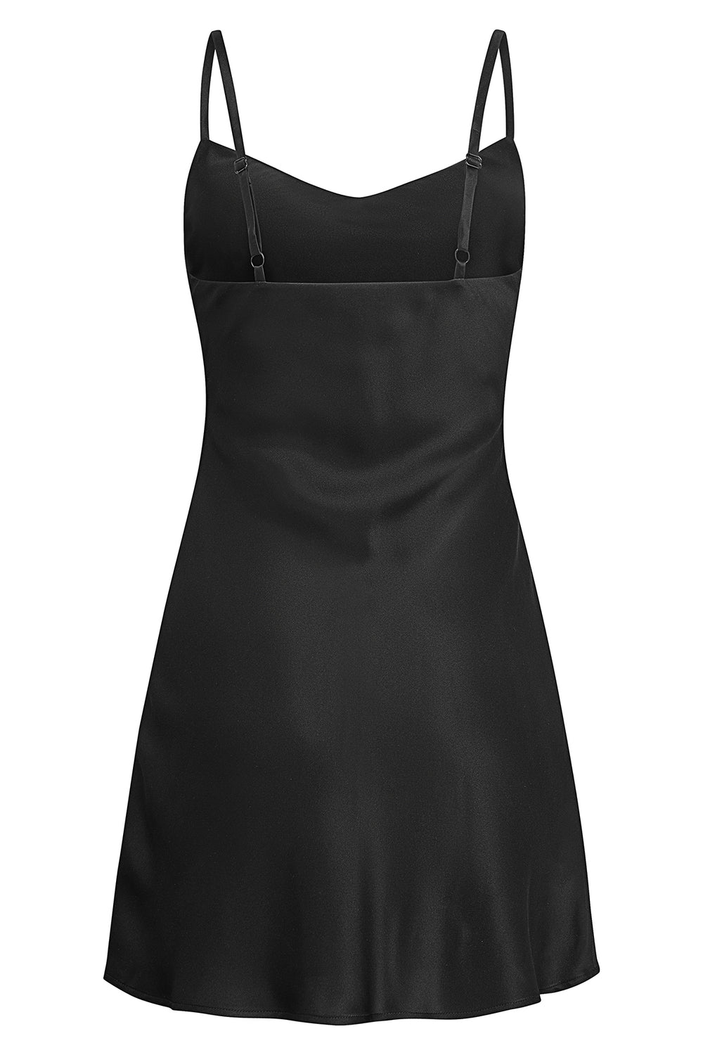  YAEL Black Short Silk Slip Dress – Back view showcasing the elegant low-cut back and fluid drape of the luxurious silk fabric.