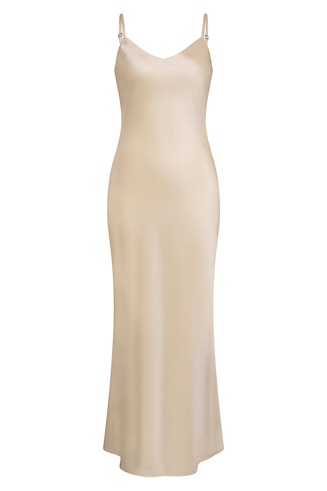 Front view of a long ivory-colored silk slip dress, minimal elegant fashion.