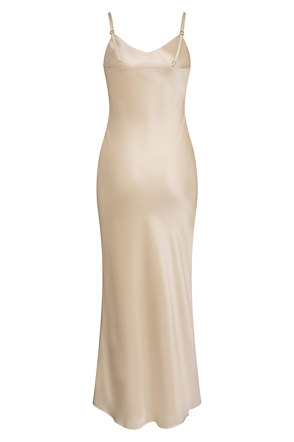 Rear view of a long ivory-colored silk slip dress, minimal elegant fashion.