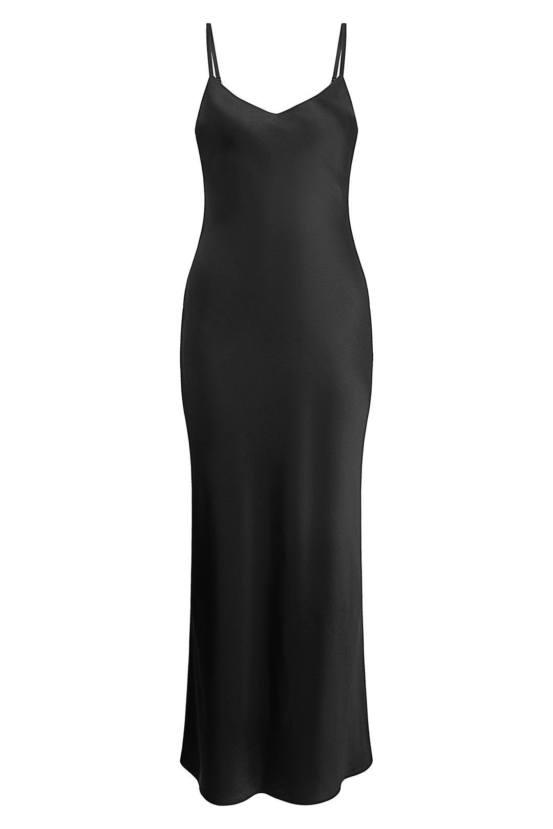 YAEL Black Silk Slip Dress – Front view of the long black silk slip dress with a fluid silhouette and soft V-shaped neckline.