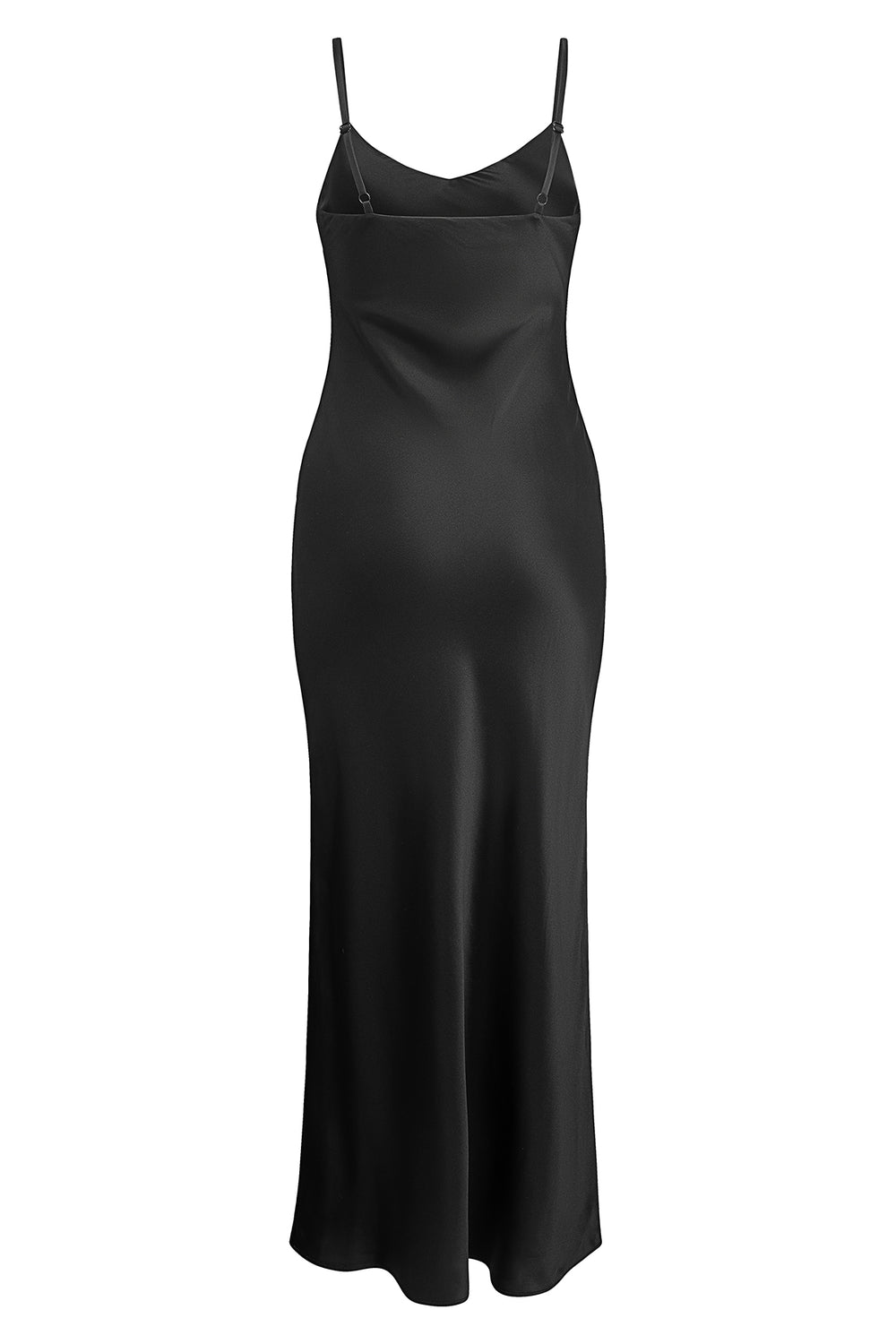 YAEL Black Silk Slip Dress – Back view showcasing the low-cut back, length-adjustable shoulder straps and the soft shine of the 100% silk fabric.