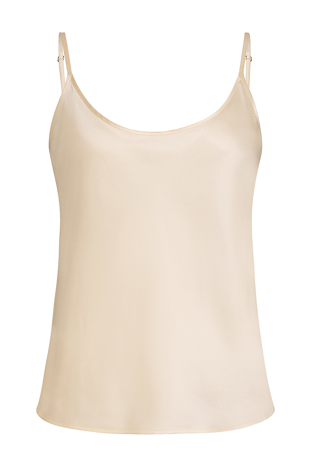 YAEL Ivory Silk Top – Front view of the elegant ivory silk top with a flattering relaxed fit and delicate, length-adjustable spaghetti straps.