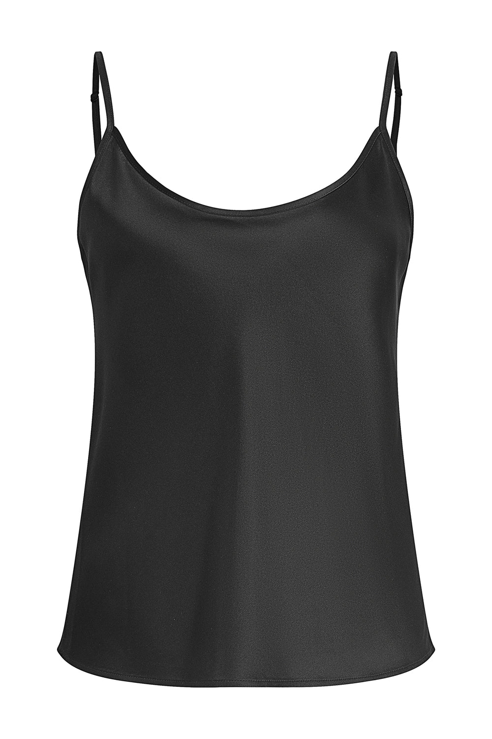 YAEL Black Silk Top – Front view of the elegant silk top with a flattering relaxed fit and delicate, length-adjustable spaghetti straps.