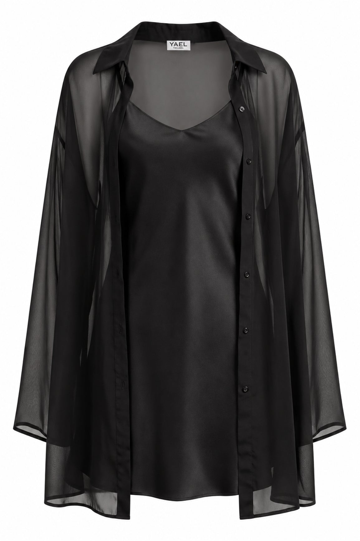Black Silk Slip Dress & Chiffon Blouse Set Mini