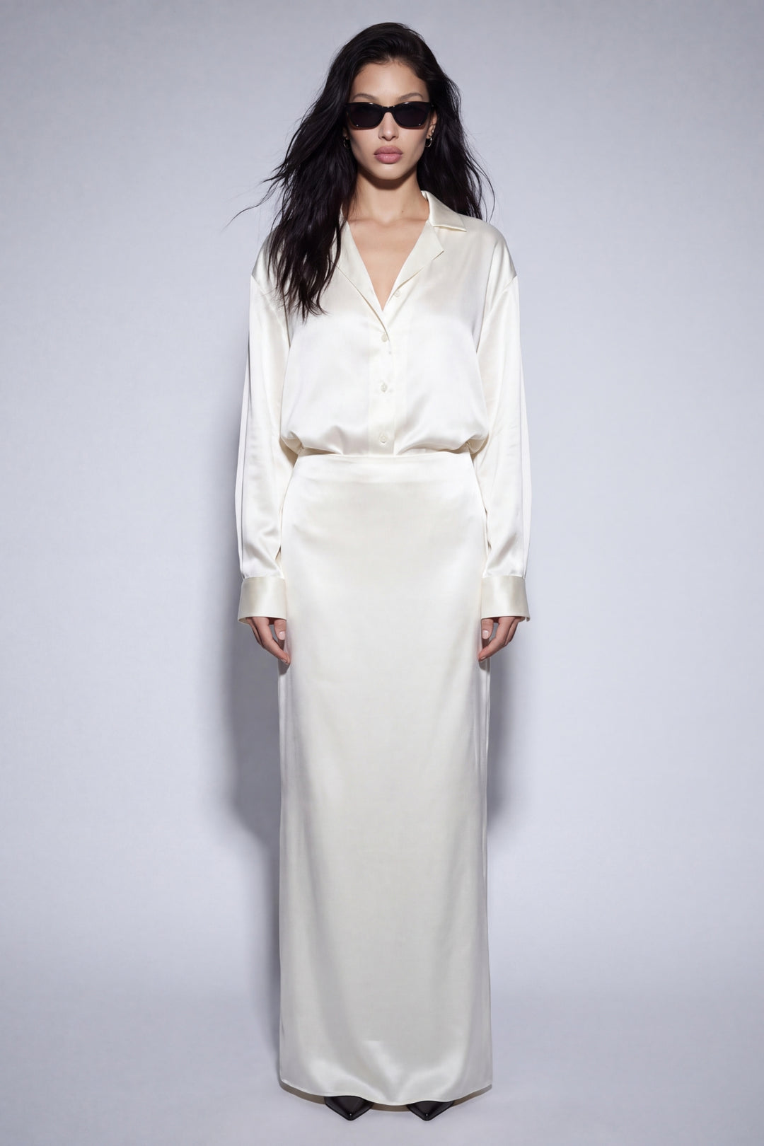 Ivory Silk Satin Blouse & Skirt Set