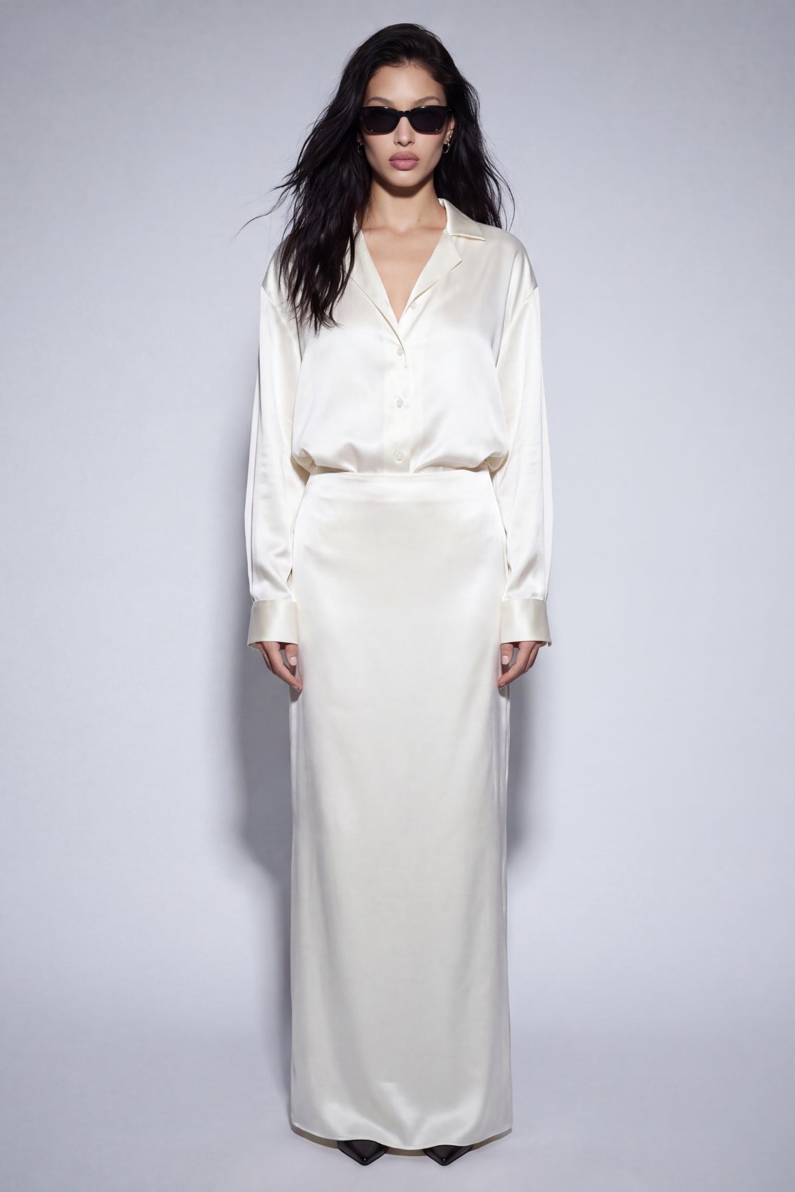 Ivory Silk Satin Blouse & Skirt Set