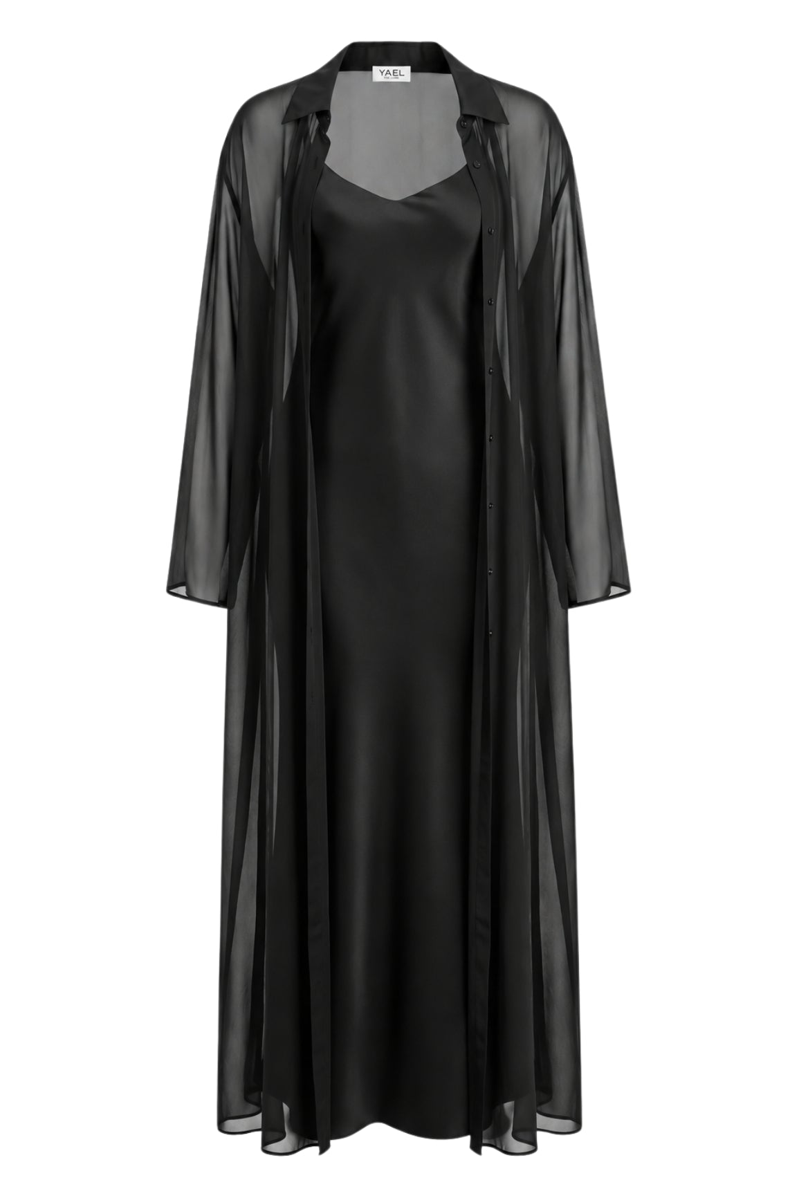 Black Silk Slip Dress & Chiffon Blouse Set Maxi
