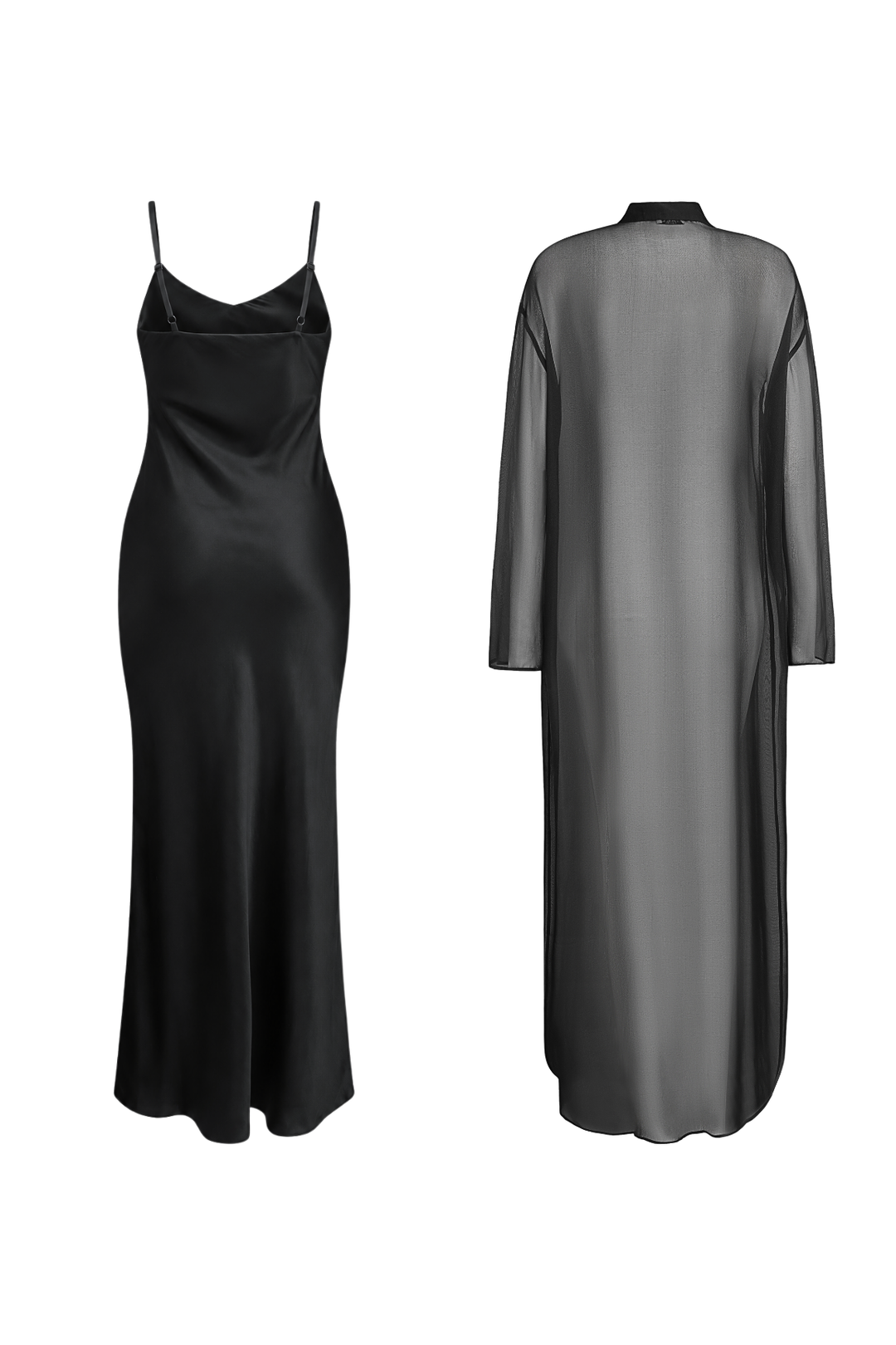 Black Silk Slip Dress & Chiffon Blouse Set Maxi