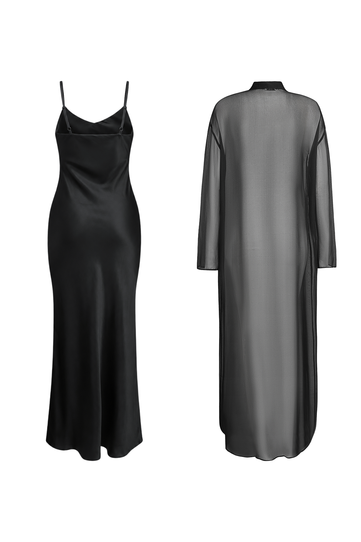 Black Silk Slip Dress & Chiffon Blouse Set Maxi
