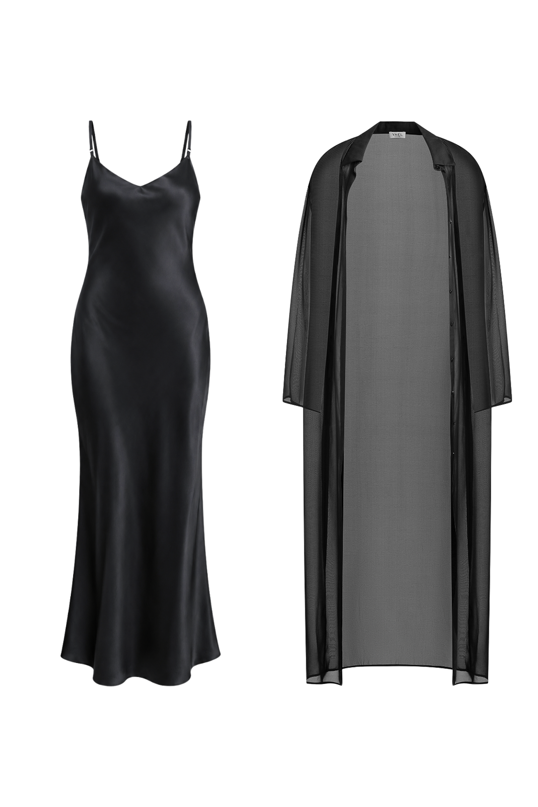 Black Silk Slip Dress & Chiffon Blouse Set Maxi