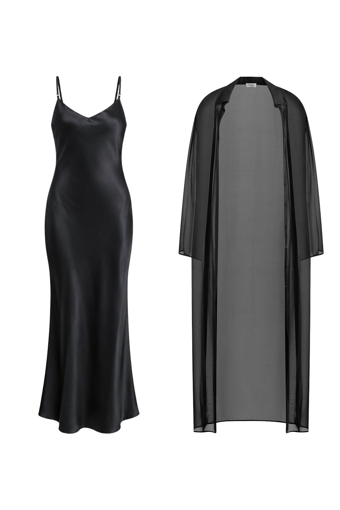 Black Silk Slip Dress & Chiffon Blouse Set Maxi