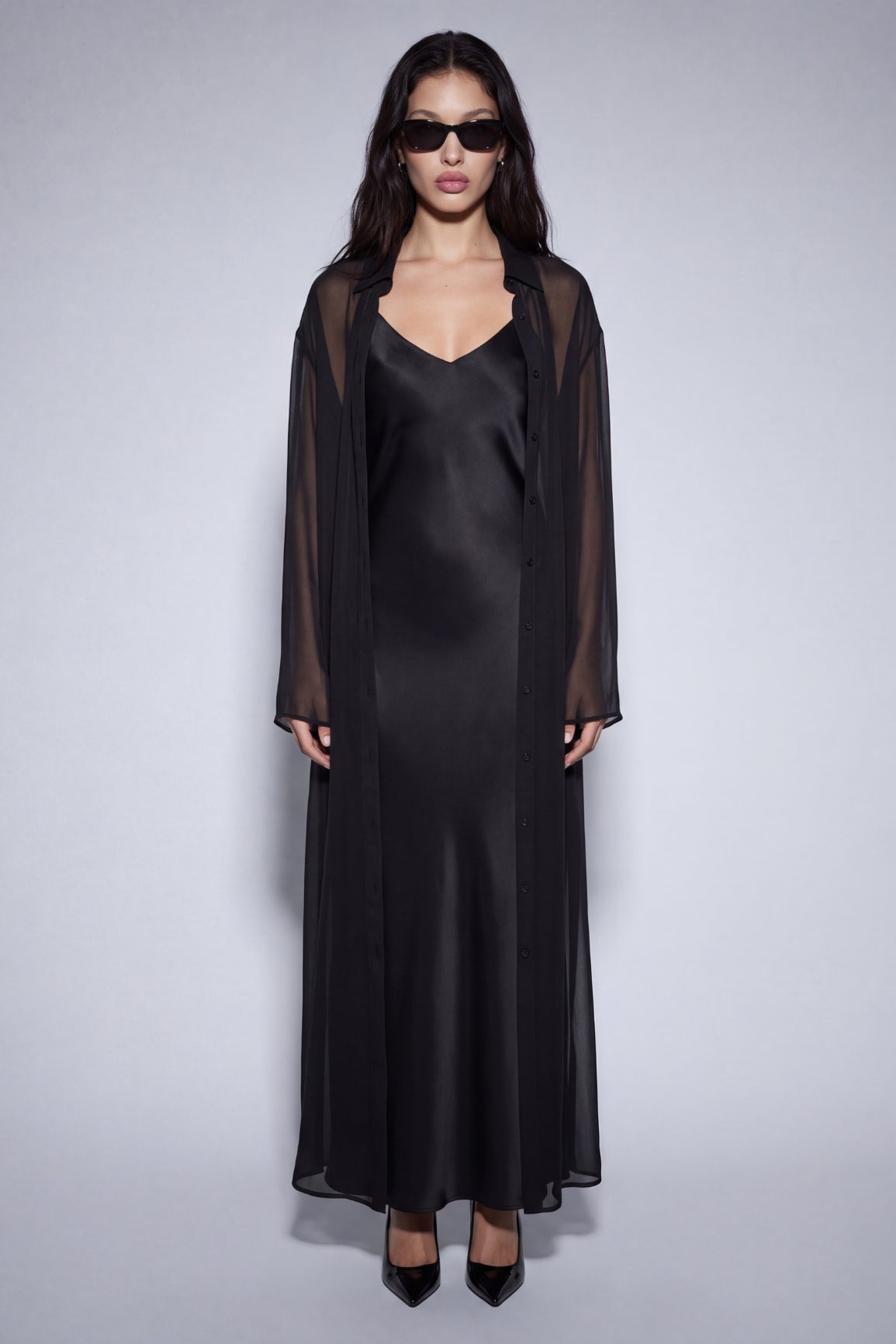 Black Silk Slip Dress & Chiffon Blouse Set Maxi