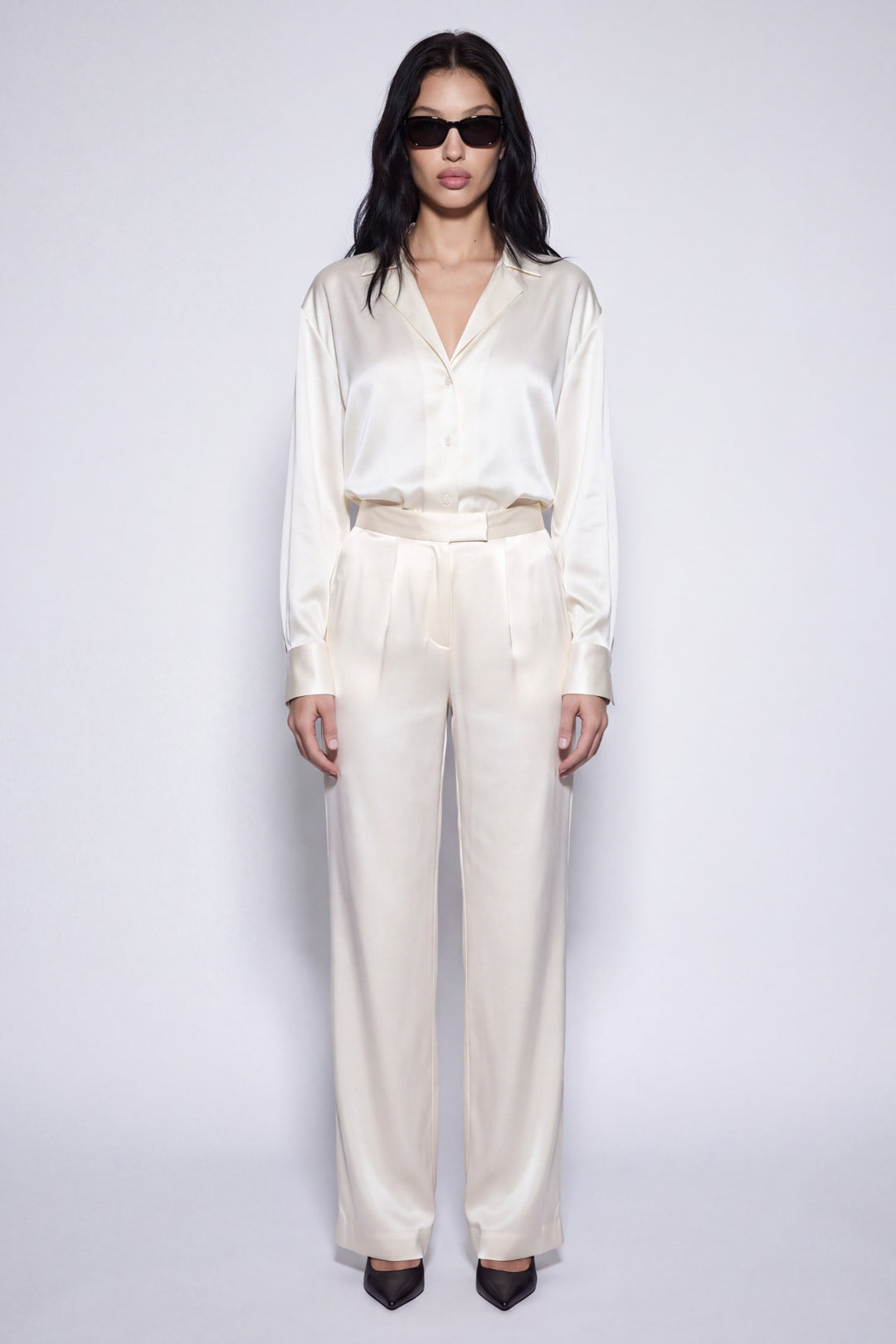 Ivory Silk Satin Blouse & Pants Set