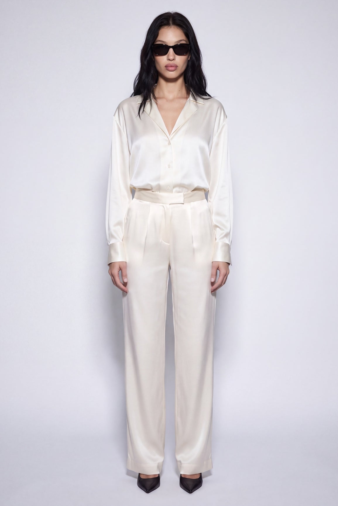 Ivory Silk Satin Blouse & Pants Set