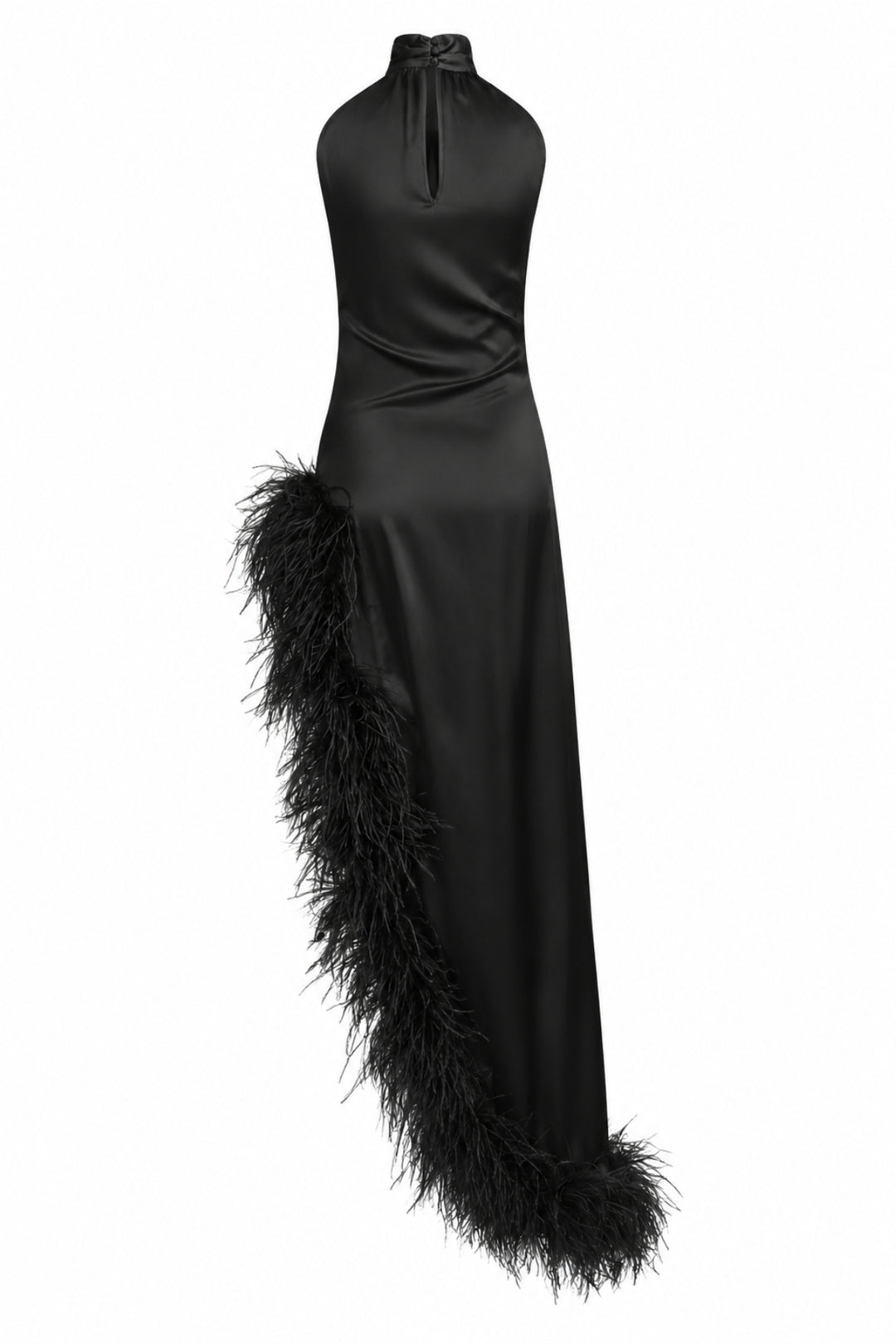 Black Silk Ostrich-Feather Dress Halterneck