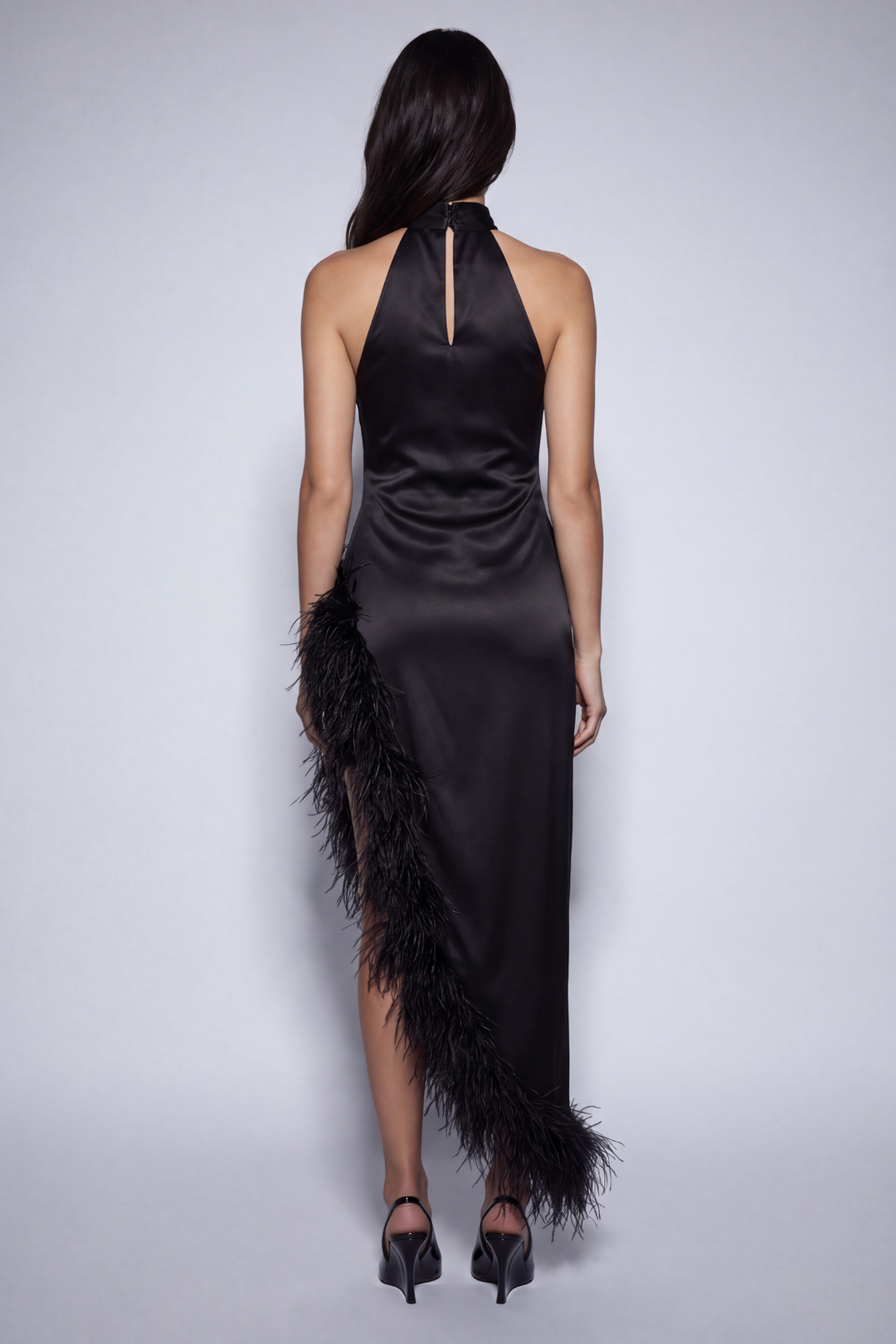 Black Silk Ostrich-Feather Dress Halterneck